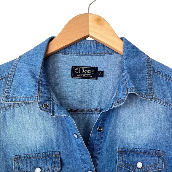 Ci Sono Womens Blue Dark Wash Long Sleeve Collared  Denim Button Up Shirt Size S - Picture 8 of 12